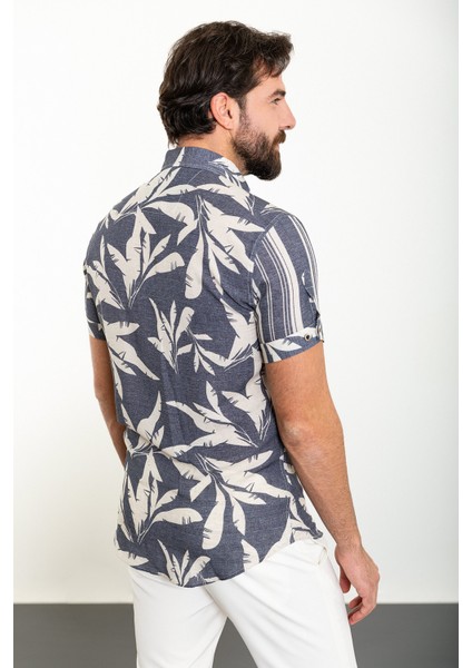 Desenli Lacivert Slim Fit Kısa Kollu Erkek Gömlek fırsatları