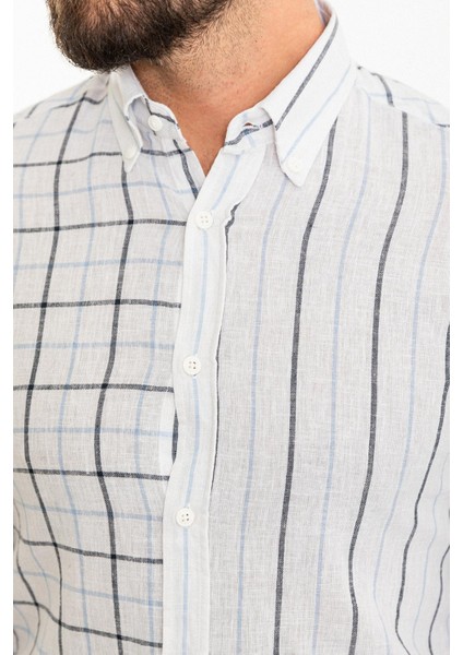 Çizgili Mavi Slim Fit Uzun Kollu Keten Erkek Gömlek fiyatları