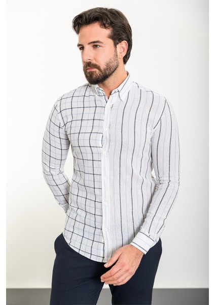 Çizgili Mavi Slim Fit Uzun Kollu Keten Erkek Gömlek modelleri