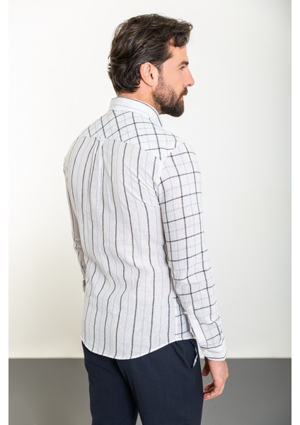 Çizgili Mavi Slim Fit Uzun Kollu Keten Erkek Gömlek fırsatları