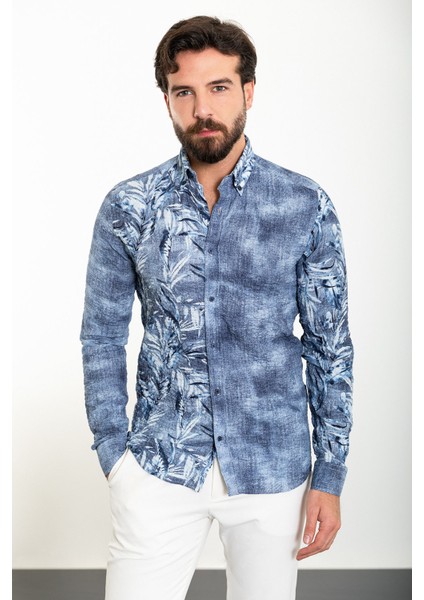 Yaprak Desenli Lacivert Slim Fit Uzun Kollu Gofre Erkek Gömlek