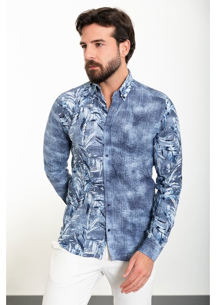 Yaprak Desenli Lacivert Slim Fit Uzun Kollu Gofre Erkek Gömlek