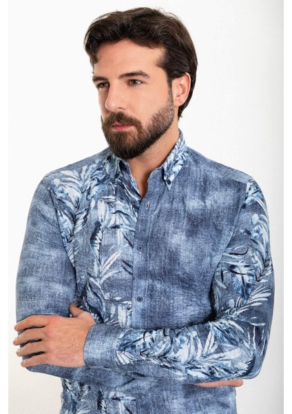Yaprak Desenli Lacivert Slim Fit Uzun Kollu Gofre Erkek Gömlek