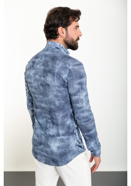Yaprak Desenli Lacivert Slim Fit Uzun Kollu Gofre Erkek Gömlek