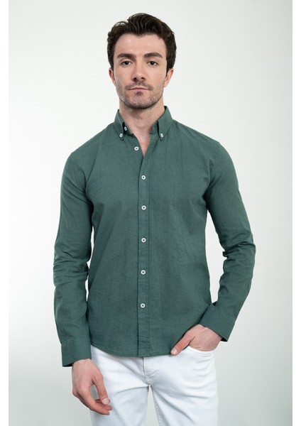 Düz Haki Slim Fit Keten Erkek Gömlek