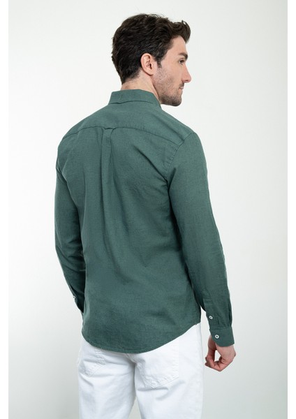 Düz Haki Slim Fit Keten Erkek Gömlek modelleri