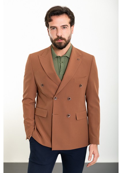 Düz Kamel Slim Fit Geniş Yaka Kruvaze Erkek Ceket