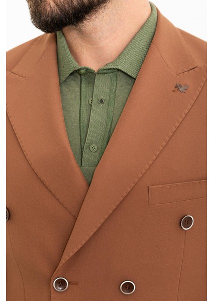 Düz Kamel Slim Fit Geniş Yaka Kruvaze Erkek Ceket