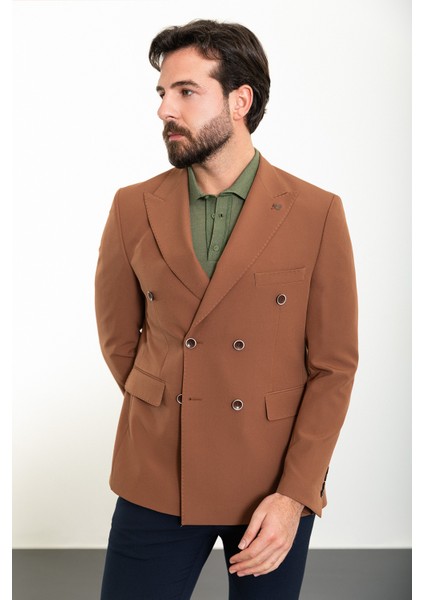 Düz Kamel Slim Fit Geniş Yaka Kruvaze Erkek Ceket