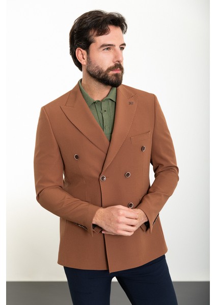 Düz Kamel Slim Fit Geniş Yaka Kruvaze Erkek Ceket