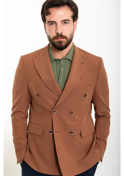Düz Kamel Slim Fit Geniş Yaka Kruvaze Erkek Ceket
