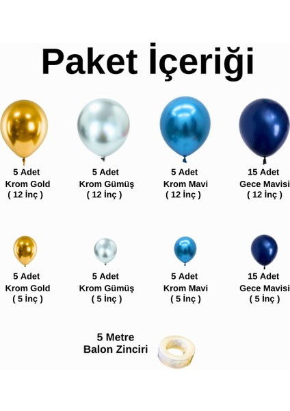 Balon Seti Krom Gold-Krom Gümüş-Krom Mavi-Gece Mavisi 60 Lı Balon Zinciri Seti