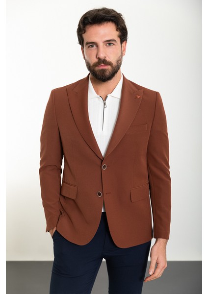 Düz Kiremit Slim Fit Geniş Yaka Erkek Ceket