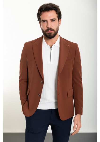 Düz Kiremit Slim Fit Geniş Yaka Erkek Ceket