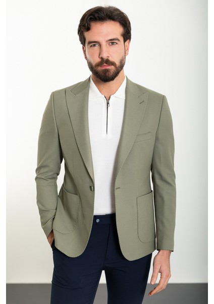 Düz Haki Slim Fit Torba Cep Geniş Yaka Erkek Ceket