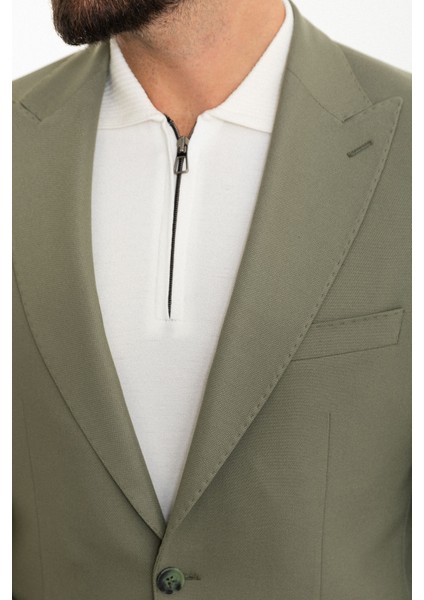 Düz Haki Slim Fit Torba Cep Geniş Yaka Erkek Ceket