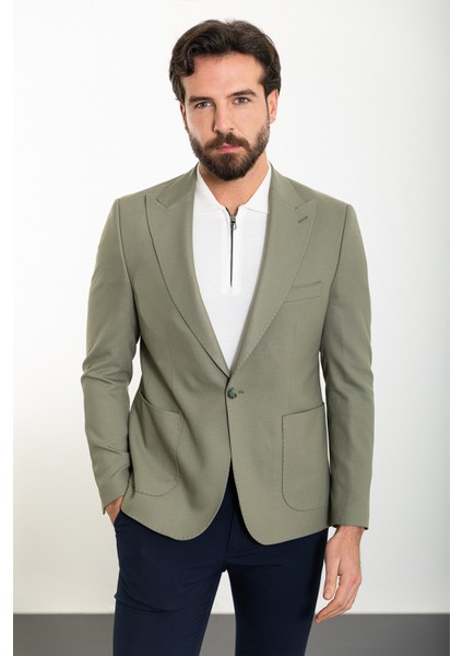 Düz Haki Slim Fit Torba Cep Geniş Yaka Erkek Ceket