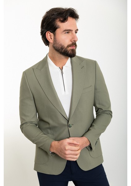 Düz Haki Slim Fit Torba Cep Geniş Yaka Erkek Ceket