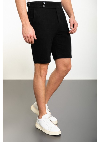 Düz Siyah Super Slim Fit Kemerli Keten Erkek Şort