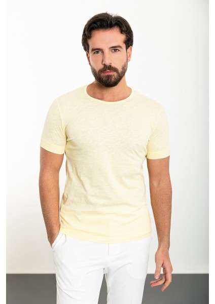 Düz Sarı Slim Fit Bisiklet Yaka Erkek T-Shirt