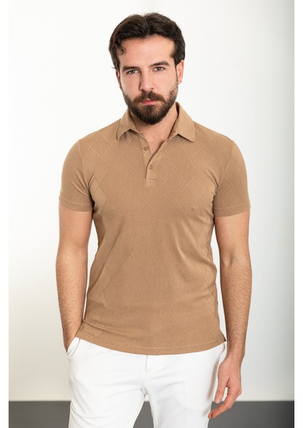 Desenli Bej Slim Fit Polo Yaka Erkek T-Shirt