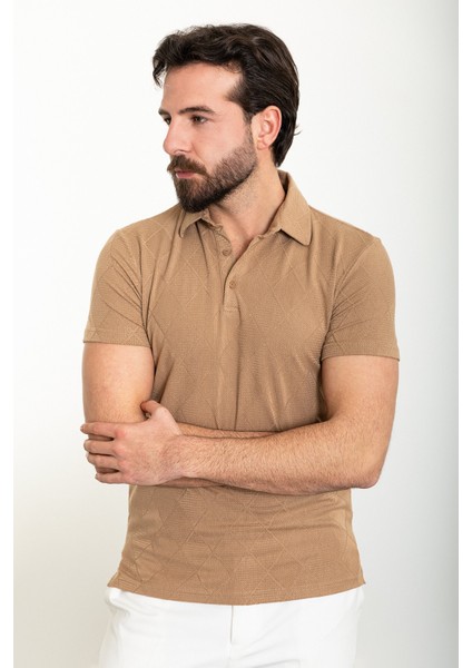 Desenli Bej Slim Fit Polo Yaka Erkek T-Shirt modelleri