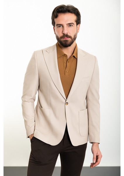 Düz Bej Slim Fit Torba Cep Geniş Yaka Erkek Ceket