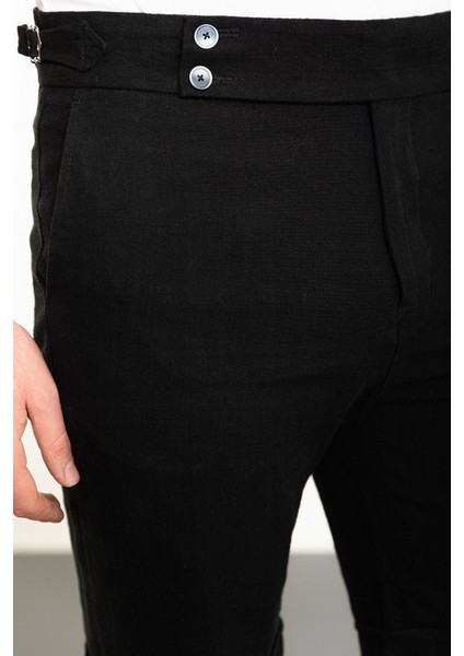 Düz Siyah Super Slim Fit Kemerli Keten Erkek Şort fiyatları
