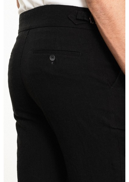 Düz Siyah Super Slim Fit Kemerli Keten Erkek Şort fırsatları