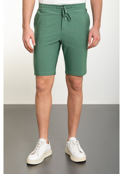 Çizgili Yeşil Super Slim Fit Beli Lastikli İpli Erkek Şort modelleri