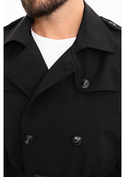 Düz Siyah Slim Fit Kemerli Kruvaze Erkek Trenchcoat fiyatları
