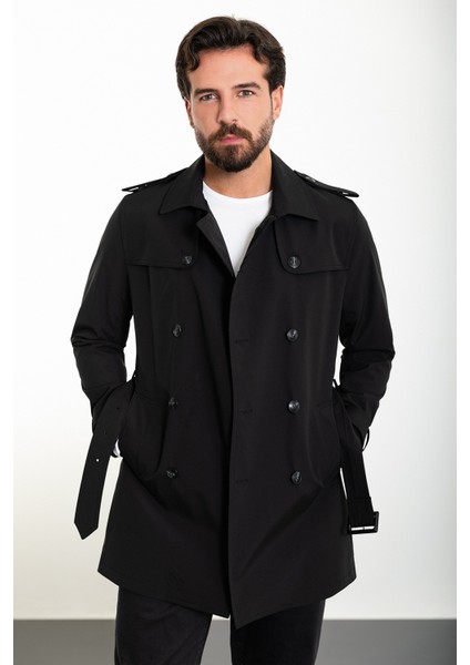 Düz Siyah Slim Fit Kemerli Kruvaze Erkek Trenchcoat modelleri
