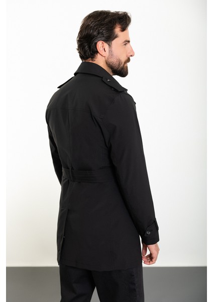 Düz Siyah Slim Fit Kemerli Kruvaze Erkek Trenchcoat fırsatları
