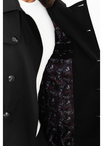Düz Siyah Slim Fit Kemerli Kruvaze Erkek Trenchcoat indirimleri