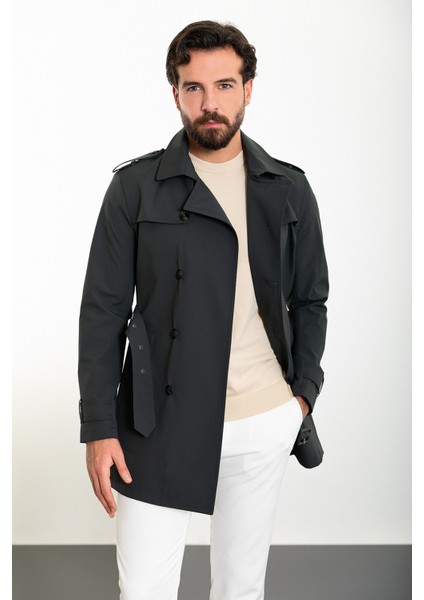 Düz Haki Slim Fit Kemerli Kruvaze Erkek Trenchcoat