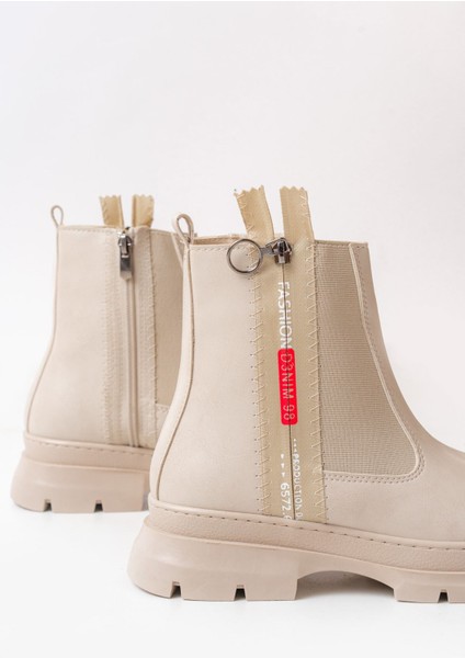 ASM-086 Bej Fashion Aksesuarlı Fermuarlı Günlük Kadın Bot fırsatları