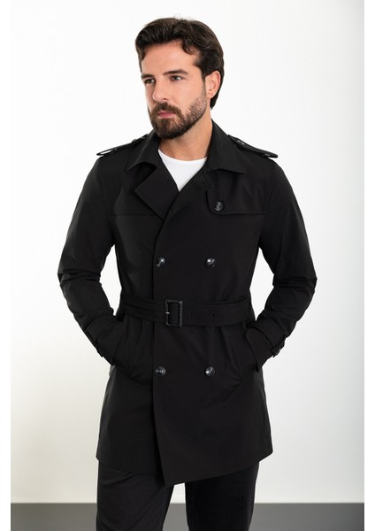 Düz Siyah Slim Fit Kemerli Kruvaze Erkek Trenchcoat