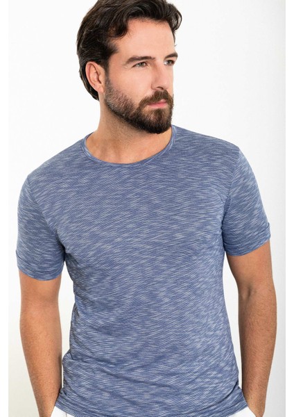 Kırçıllı Lacivert Slim Fit Bisiklet Yaka Erkek T-Shirt