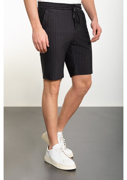 Çizgili Siyah Super Slim Fit Beli Lastikli İpli Erkek Şort
