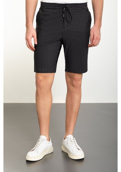 Çizgili Siyah Super Slim Fit Beli Lastikli İpli Erkek Şort modelleri