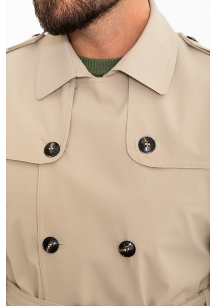 Düz Bej Slim Fit Kemerli Kruvaze Erkek Trenchcoat fiyatları