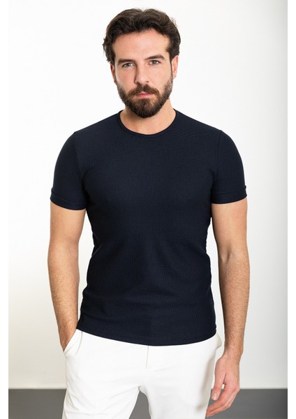 Desenli Lacivert Slim Fit Bisiklet Yaka Erkek T-Shirt