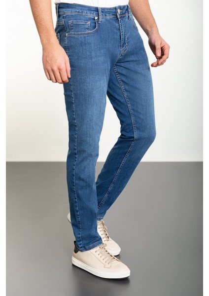 Düz Mavi Super Slim Fit Erkek Kot Pantolon