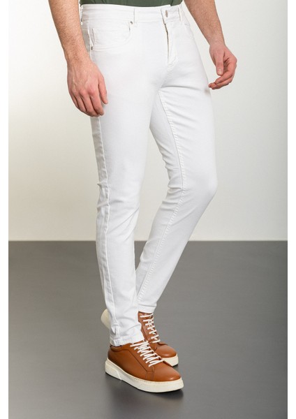 Düz Beyaz Super Slim Fit Erkek Kot Pantolon