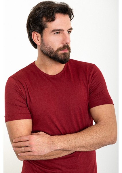 Düz Bordo Slim Fit Bisiklet Yaka Erkek T-Shirt modelleri