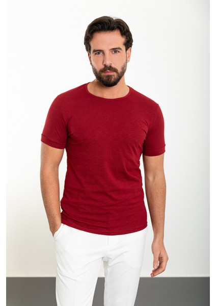 Düz Bordo Slim Fit Bisiklet Yaka Erkek T-Shirt