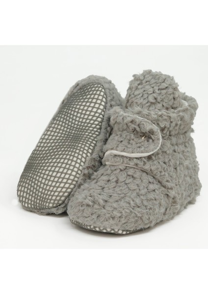 Teddy Bebek Pandufu, Kaydırmaz Taban, Organik Pamuk Astar, Ev Kreş Ayakkabısı, Gri