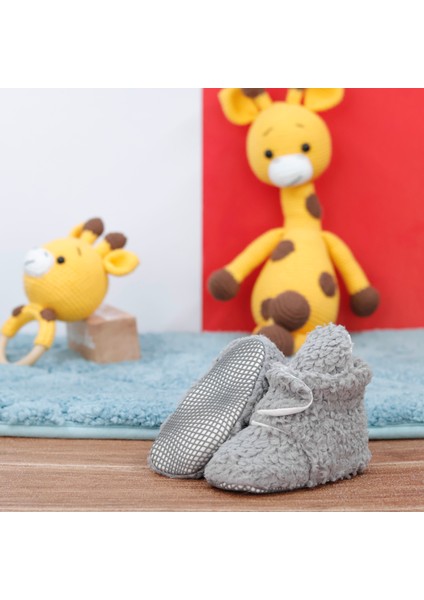 Teddy Bebek Pandufu, Kaydırmaz Taban, Organik Pamuk Astar, Ev Kreş Ayakkabısı, Gri