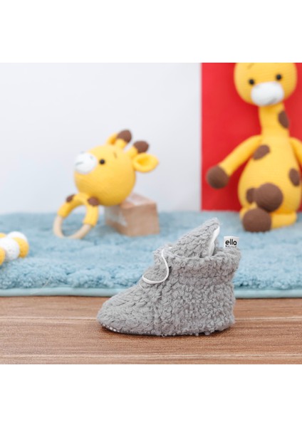 Teddy Bebek Pandufu, Kaydırmaz Taban, Organik Pamuk Astar, Ev Kreş Ayakkabısı, Gri