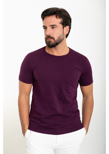 Düz Mor Slim Fit Bisiklet Yaka Erkek T-Shirt